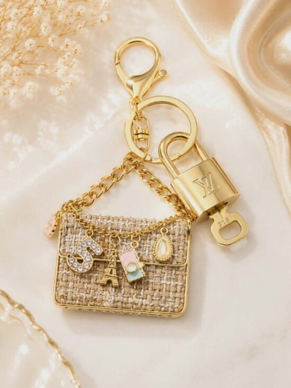 Authentic Louis Vuitton Padlock & Key Gold ✨Unbranded Tweed Bag Charm Keychain